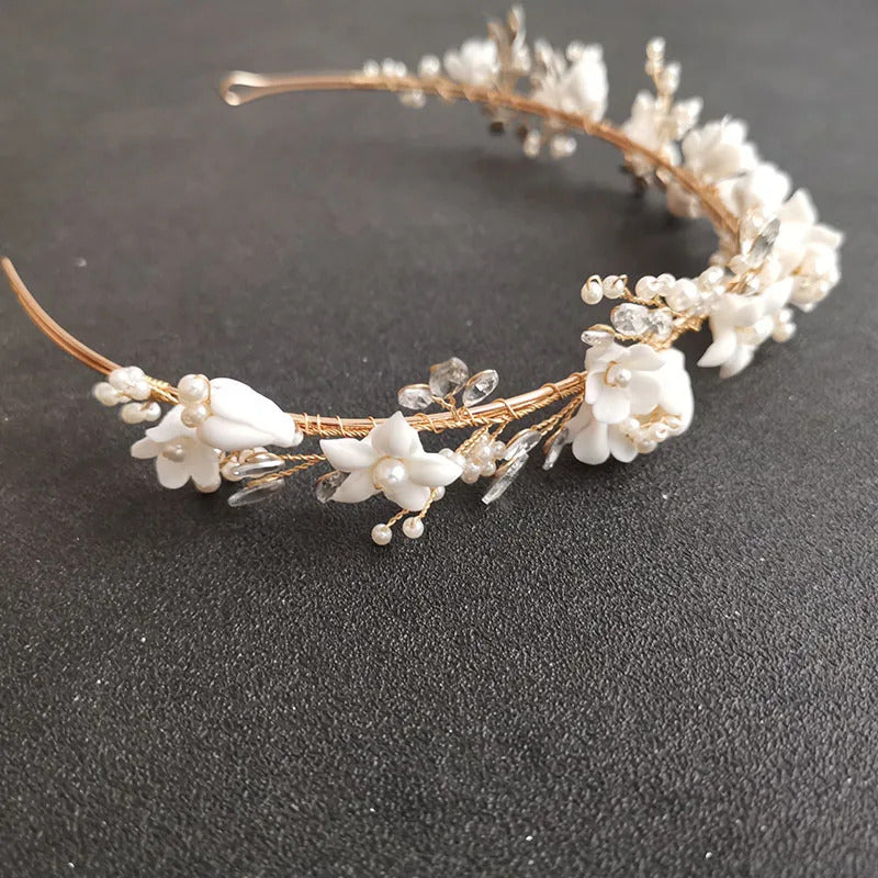 SLBRIDAL Handmade Luxury Rhinestones Crystal Pearls Ceram Flower Bridal Tiara Wedding Bridesmaids Crown Women Hair Jewelry