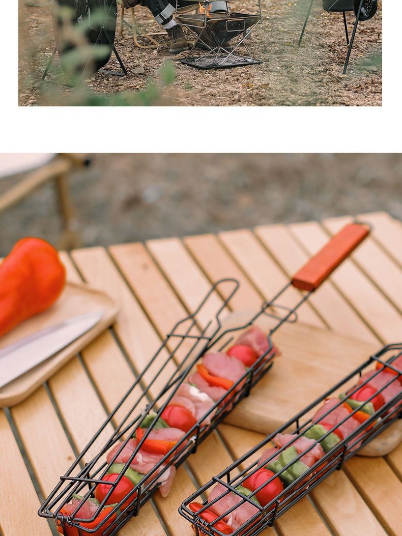 Cross-Border Wooden Handle BBQ Cage Outdoor Camping Meat Vegetable BBQ Net Rack Picnic Grilling Tool Charcoal Grilled Sausage Skewers