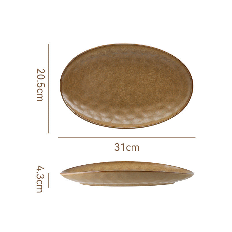 Vintage Coarse Pottery Oval Ceramic Long Plate Restaurant Home Large Capacity Personalized Fish Plate Sushi Pastry Dessert Display Plate