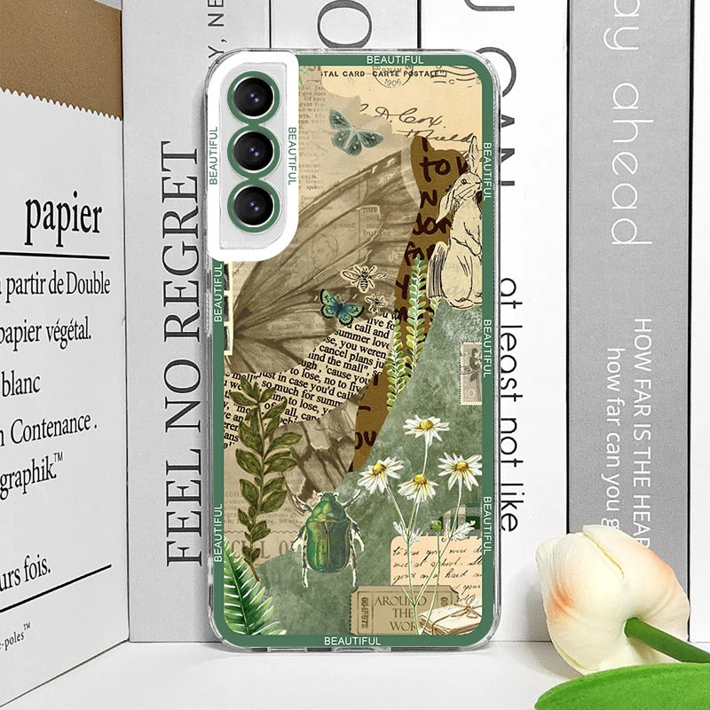 Cool Green Retro Flower Stickers Phone Case for Samsung Galaxy A55 A54 A53 A52 A51 A70 A22 A13 4G 5G Soft TPU Clear Cover Fundas