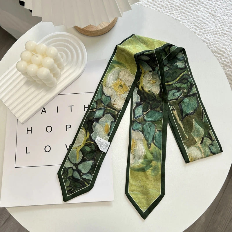 High-Grade Flower Print Long Silk Scarf Hair Band Ribbon Tied-up Hair Long Bow Vintage Satin Ribbon Hair Accessories For Women