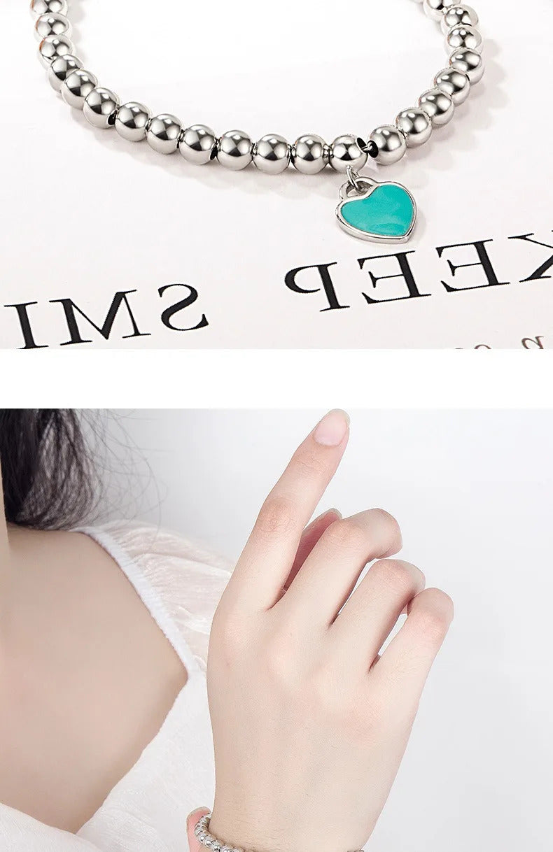 Designer 925 Silver Jewelry Necklace Woman Retro Heart-Shaped Enamel For Girls Cute Silver Bead Birthday Gift