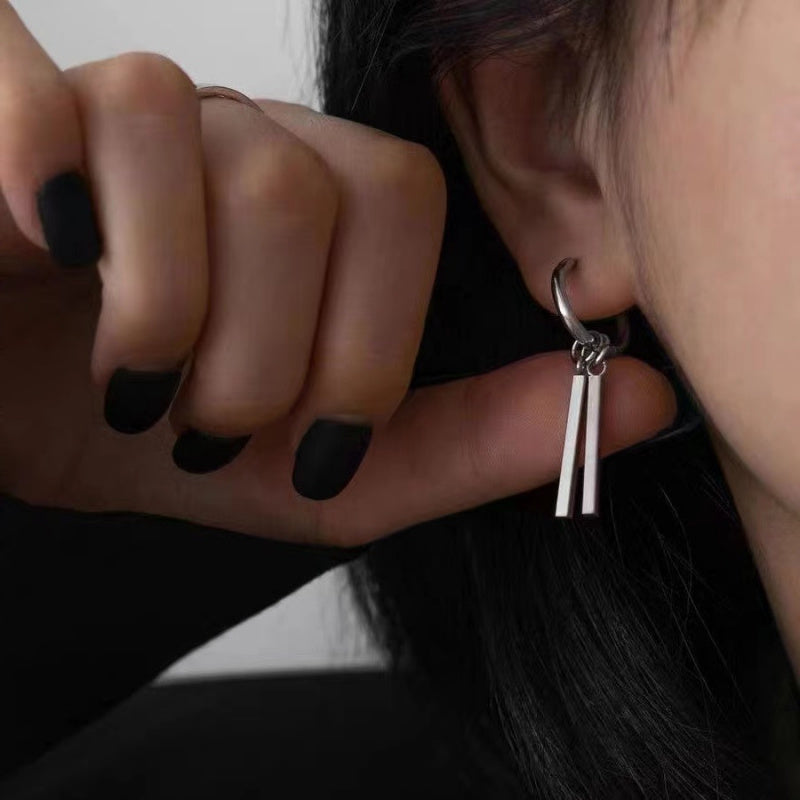 Rectangular Stick Double Stick Earrings Men's Titanium Steel Long Bar Ear Clips Women's Niche Simple High-end Accessories Jewelry