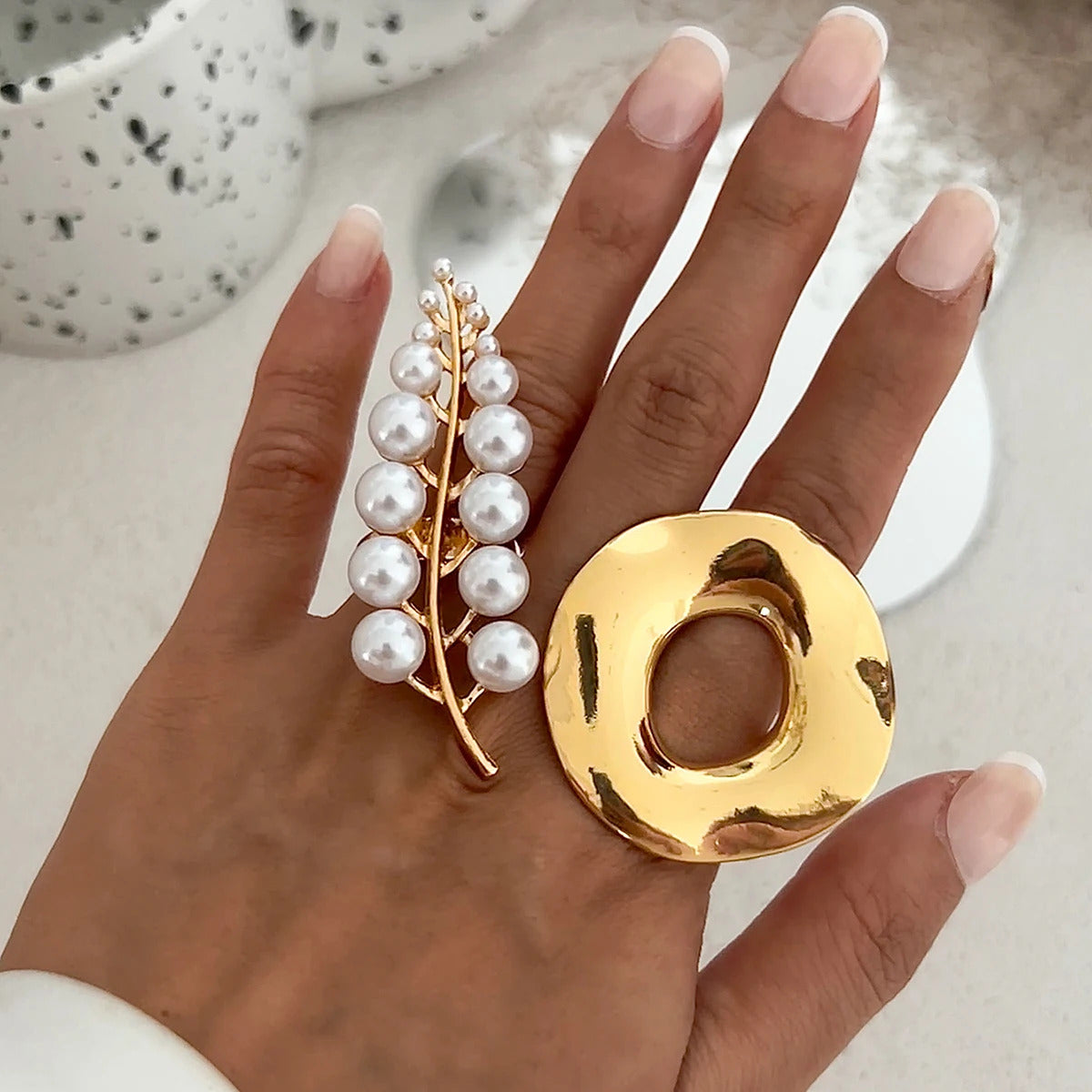 Ingemark Creative Unique Metal Petal Flower Branch Open Ring Women Punk Gold Color Geometric Adjustable Rings Y2K Couple Jewelry