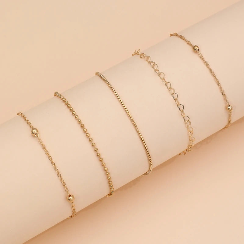 5pcs/set Exquisite Gold/Silver Color Thin Heart Chain Bracelets Set For Women Daily Wear Jewelry Accessories