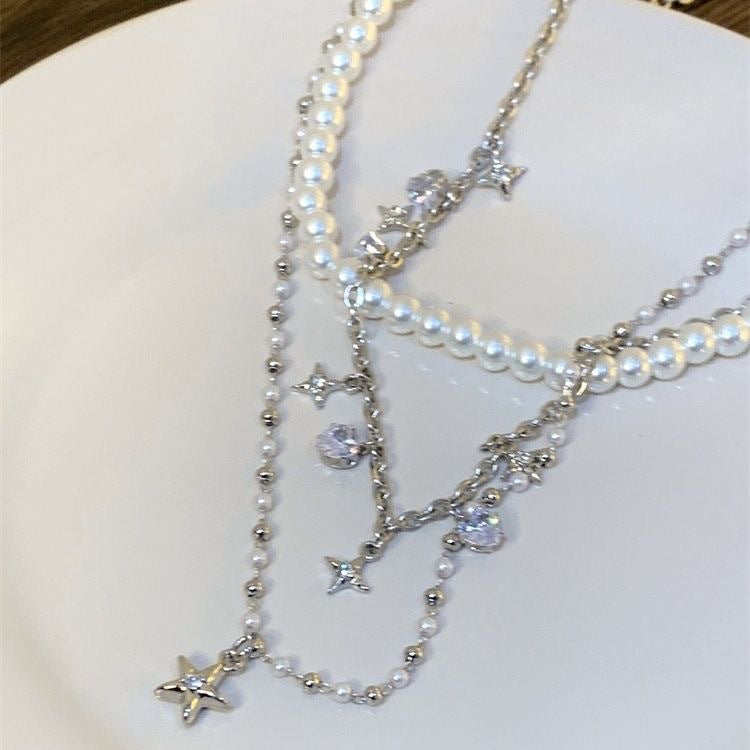 Iterative Five-pointed Star Pendant Pearl Necklace Cold Style Light Luxury Spice Clavicle Chain