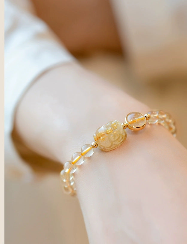 Natural Citrine Bracelet Women's Bracelet Rutile Gold Rutilated Quartz Bracelet Brazil Scattered Beads Money Drawing and Luck Changing Gifts for Girlfriend