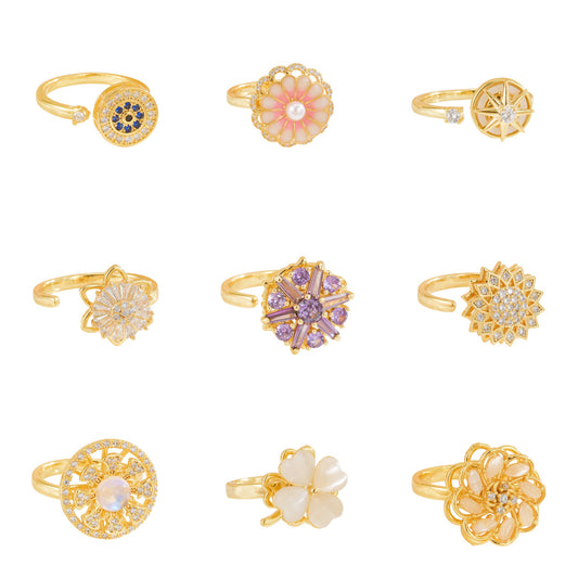 Rotating Ring for Women, Copper Gold Plated, Non-Fading, Elegant and Luxurious, Adjustable Daisy, Star, Moon, Zircon, European and American Cross-Border
