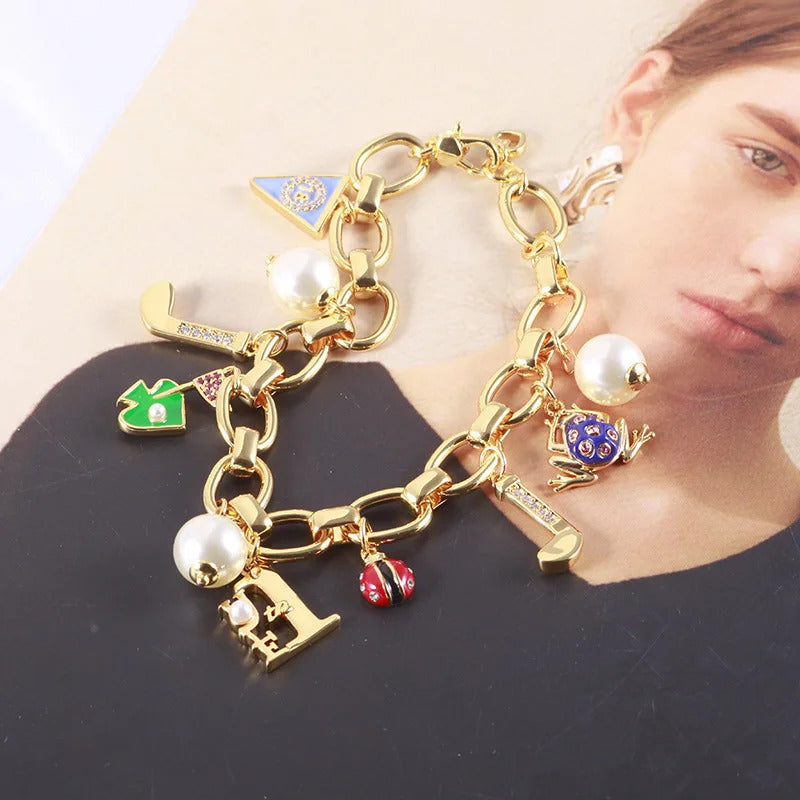 Jewelry Enamel Glaze Fun Cute Frog Ladybug Letter Flag Pearl Multi Pendant Bracelet