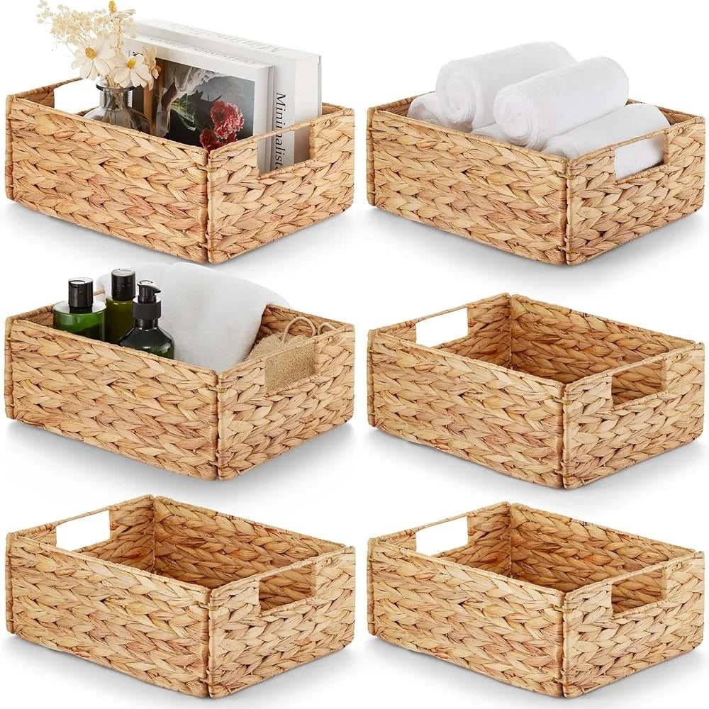 6 Piece Woven Water Hyacinth Storage Baskets Handcrafted Organizers with Handles Home Office Kitchen Living Room