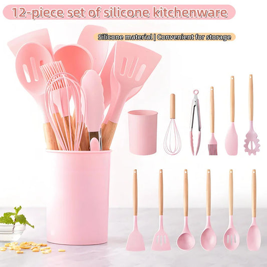 12pc Chef Silicone Tools - Wooden Handle Utensils for Pots/Pans ✔Dishwasher Safe & BPA-Free (Includes Storage Caddy)