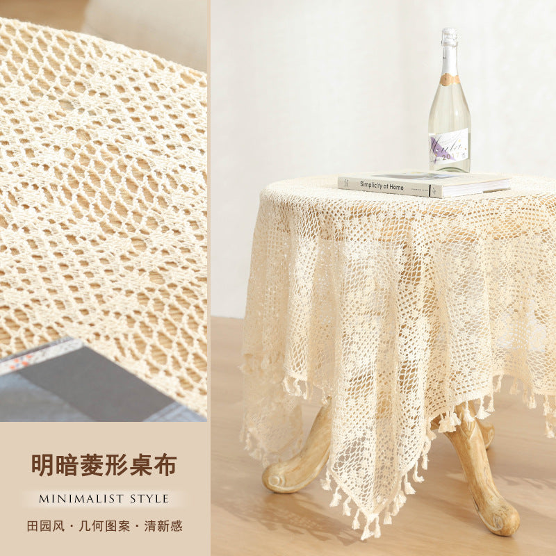 American Pastoral Cotton Woven Tablecloth Lace Hollow Crochet Tassel Dining Tablecloth French Cover Cloth Vintage Ins Tablecloth