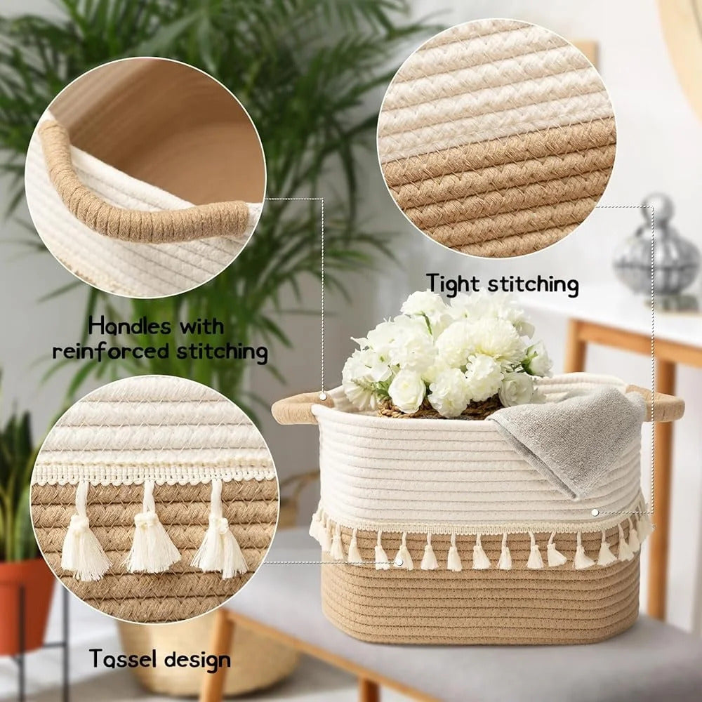Set of 3 Woven Cotton Storage Bins Versatile Rope Baskets Organizing Home Toys Clothes and Essentials