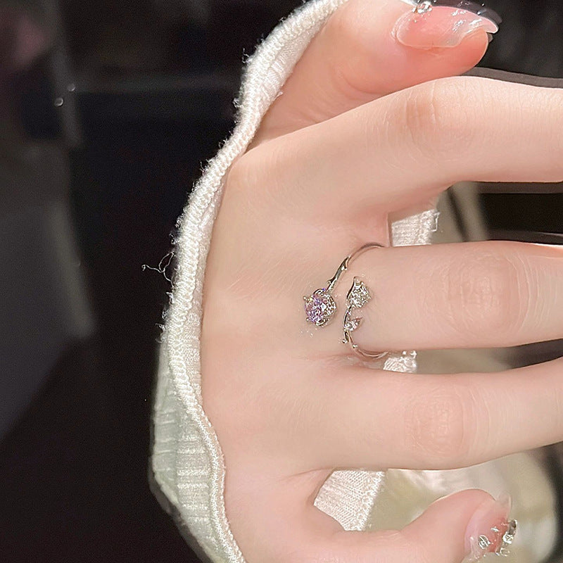 Pink Zirconium Rose Ring Female Mori Style Light Luxury Super Fairy Girl Flowers Openings Adjustable Ring