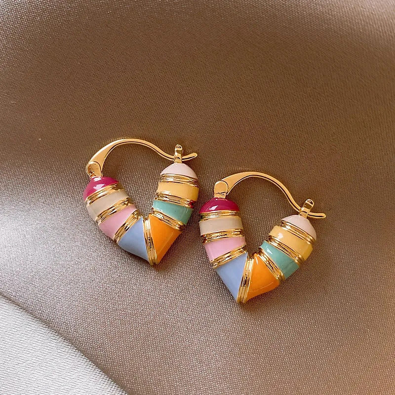 Colorful Heart Ear Buckle 2024 New Korean Fashion Women's Earring Precious Hoop Earrings Gold Plating Jewelries Girl Gifts
