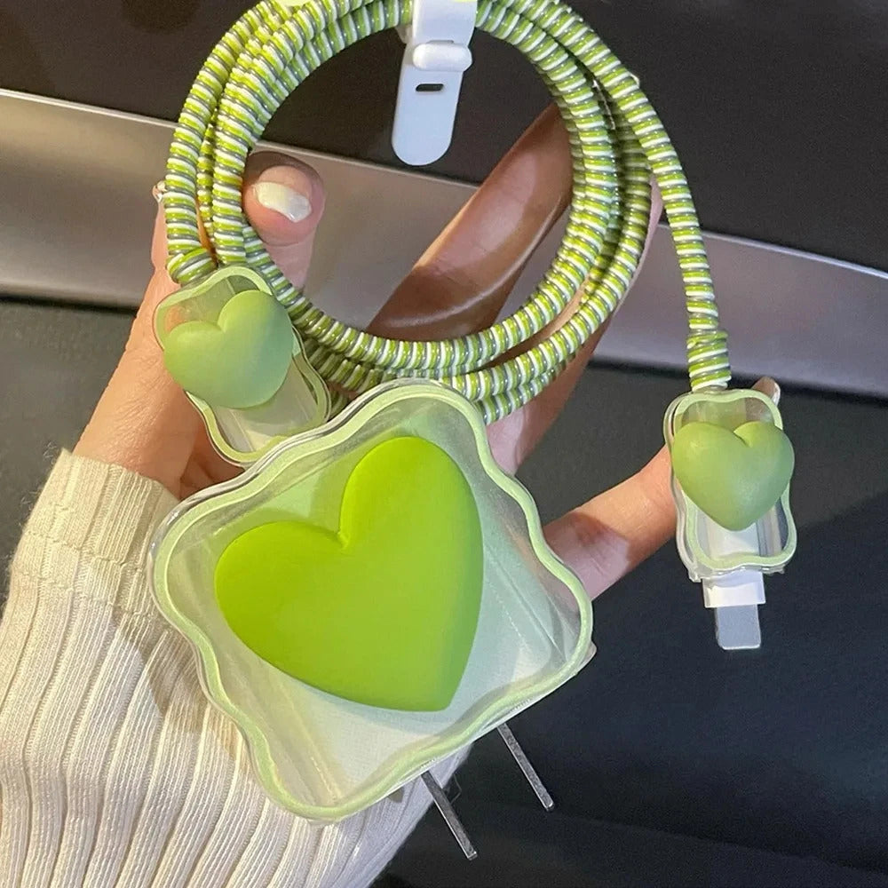 Charger Protector Cable Organiser for iPhone 14 13 Pro Max 18W 20W 3D Cartoon Love Heart Data Cable Management Cord Winder Kit