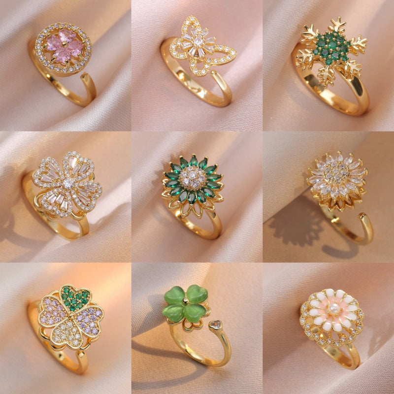 Rotating Ring for Women with Micro Paved Zircon, Elegant and Minimalist Style, Versatile Full Diamond Round Clover Ring Jewelry