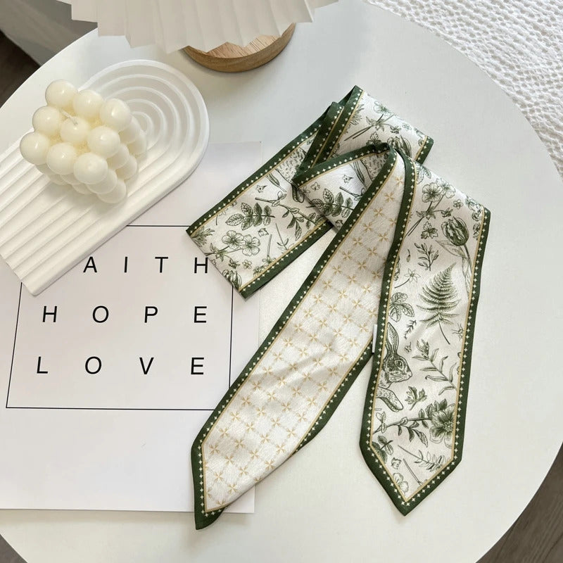 High-Grade Flower Print Long Silk Scarf Hair Band Ribbon Tied-up Hair Long Bow Vintage Satin Ribbon Hair Accessories For Women