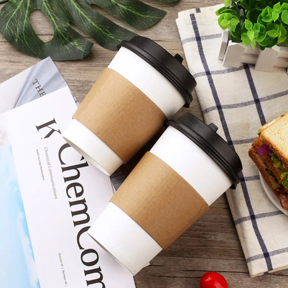 50pcs 16oz Disposable Coffee Cup Set Thickened Odorless Coffee Paper Mug Insulate Cup Sleeve with Lid Package Espresso Coffeewar