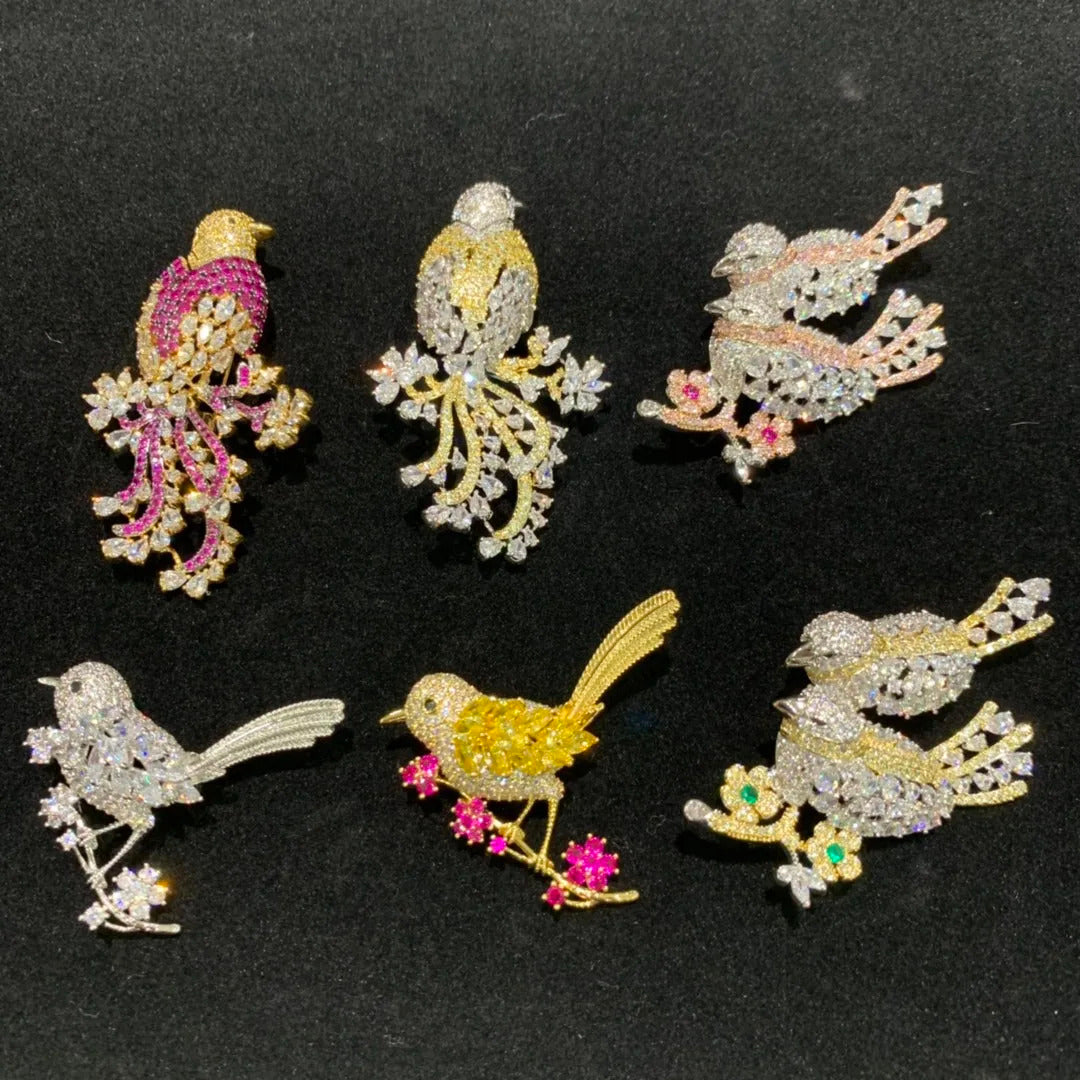copper with cubic zircon birds brooch pin pink yellow multi color single double birds fashion women & men jewelry free shipping