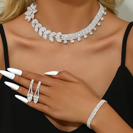 4PC Women's Fashion Flower Necklace Earrings Bracelet Jewelry Set Light Luxury Suitable for Wedding, Party, Festival Gifts-8541