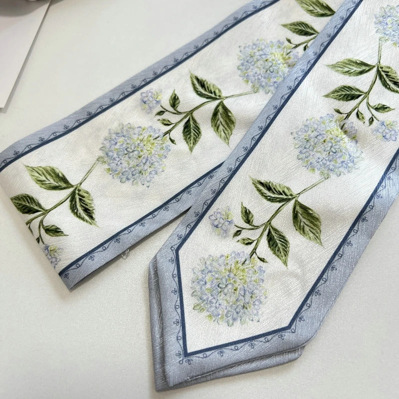 High-Grade Flower Print Long Silk Scarf Hair Band Ribbon Tied-up Hair Long Bow Vintage Satin Ribbon Hair Accessories For Women