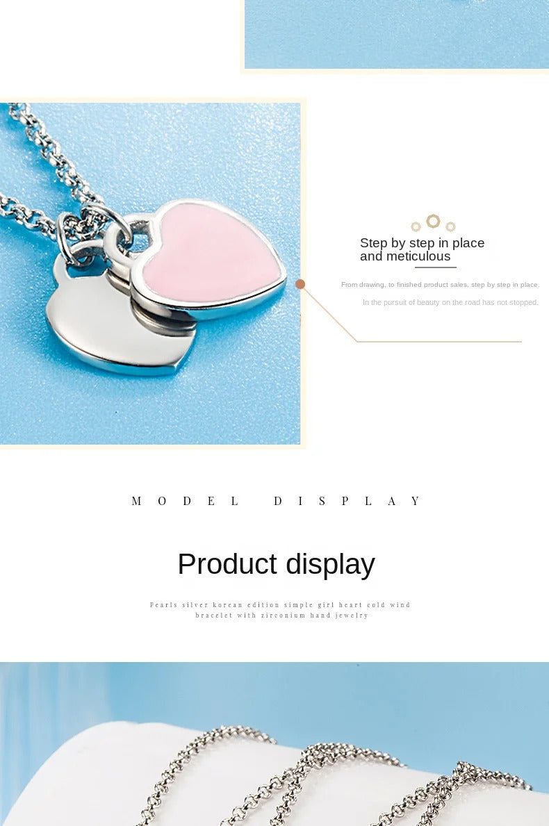 Designer 925 Silver Jewelry Necklace Woman Retro Heart-Shaped Enamel For Girls Cute Silver Bead Birthday Gift