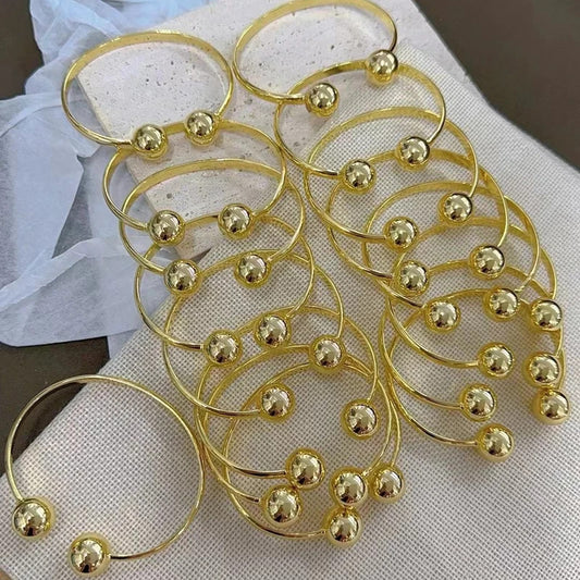 5PCS, Double Ball Open Cuff Bangles For Women Trendy Gold Plated Party Jewelry