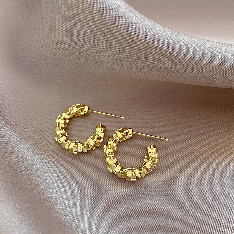 925 Silver Needle Hong Kong Style Retro Metal Earrings Women's High-Grade Geometric Simple Bracelet Ear Clip All-Match Exaggerated Commuter Earrings