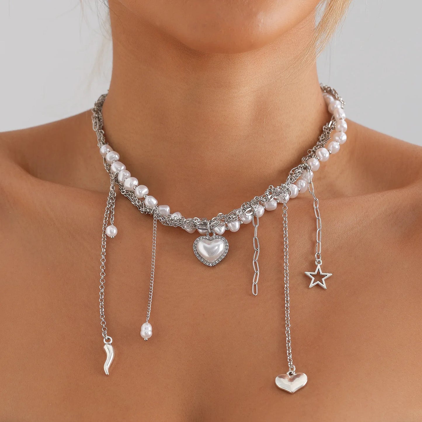 LATS Fashion Vintage Heart Pendant Necklace for Women Female Boho Irregular Beaded Cross Crystal Chain Jewelry