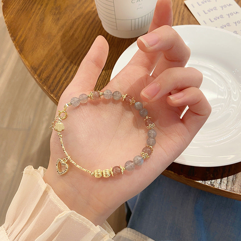 New Style Super Fairy Sweet Strawberry Crystal Bracelet Fresh Ins Gourd Pendant Bracelet String Grey Moonlight Bracelet