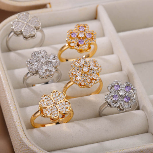 New Rotatable Zircon Flower Open Ring for Women, Unique Design Stress Relief Ring Wholesale