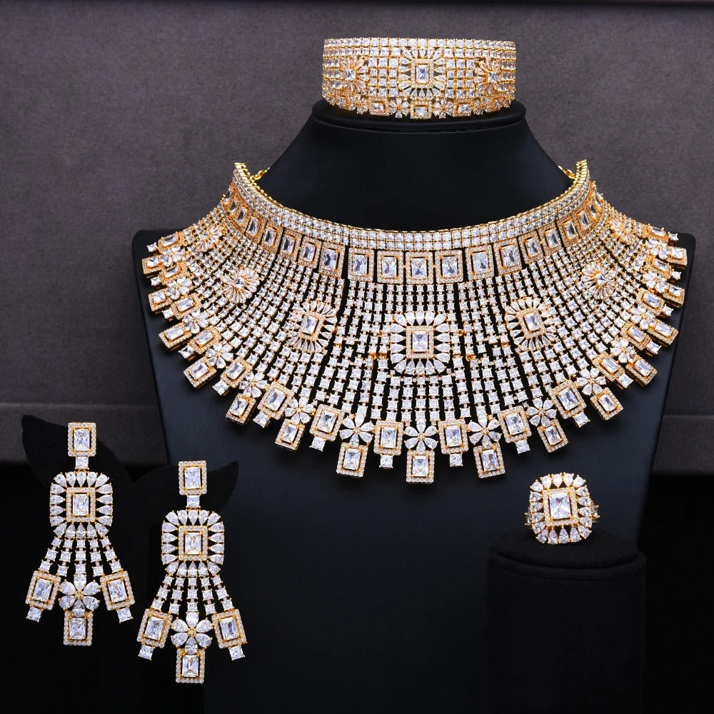 GODKI Luxury 4PCS Chokers Necklace Earring Sets Cubic Zirconia jewelry Sets for women Wedding Indian Bridal Jewelry Sets 2021