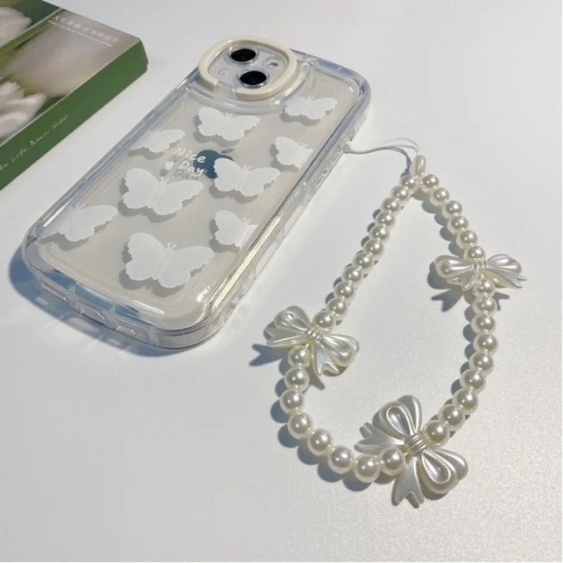 1pc Acrylic Mobile Phone Chain DIY Handmade Pearl Heart Bowknot Bear Beads for Women Girls Charm Telephone Lanyard Hanging Rope