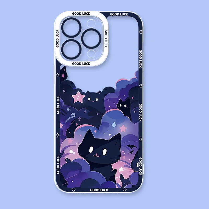Cartoon Starry Sky Black Cat Clear Phone Case For Samsung Galaxy S24 S23 S22 Ultra S21 S20 FE Note 20 10 Plus A15 A25 A35 A55