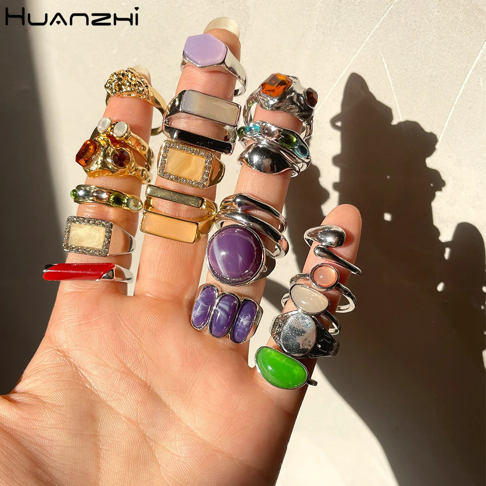 HZ 2021 New Korea 5pcs/set Colorful Stone Rhinestone Metal Chain Trendy Geometry Hit Rings Set for Women Girls Jewelry Gifts