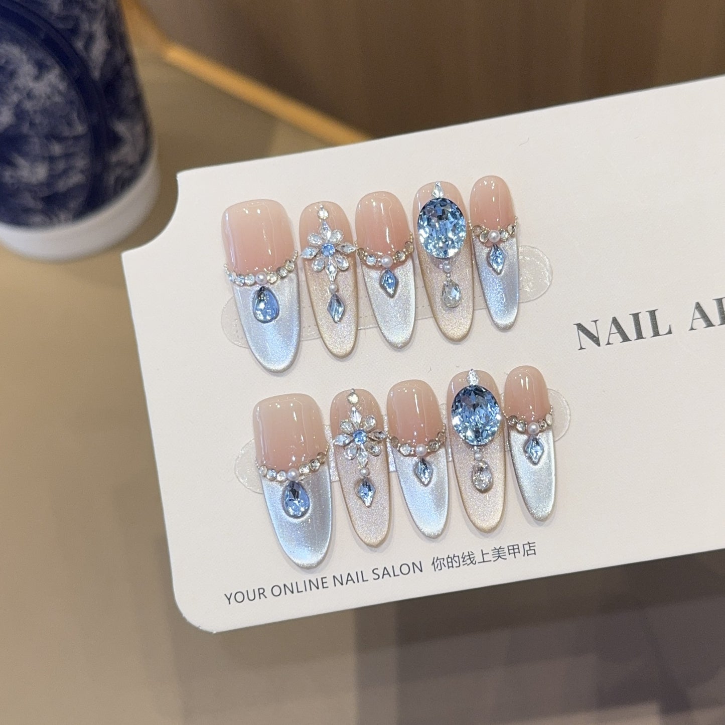 Heavy Craft Light Luxury Blue Full Diamond French Cat Eye Handmade Wearable Nails High-End Long Style Nail Art Fake Nail Tips