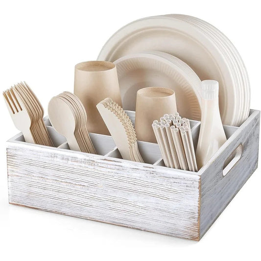 Rustic Utensil Holder Parties Kitchen Paper Plate Organizer Caddy with 6 Compartments Cups Forks Spoons and Napkins Storage