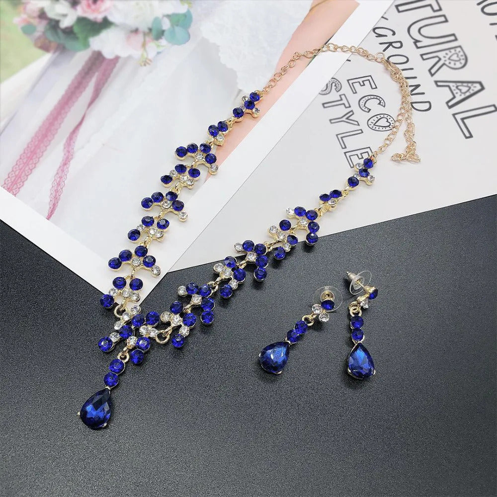 KMVEXO Crystal Bridal Wedding Jewelry Sets Women Gold Color Rhinestone Necklace Long Earrings Set Dress Accessories Bridesmaid