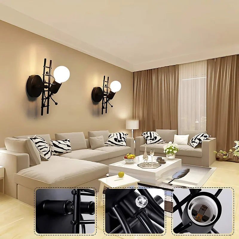 SANDYHA Warmth Bedside Nodic Wall Lamp Creative Small Man Iron Light Metal Simple Cartoon Robot Sconce Art Decor Bedroom Light
