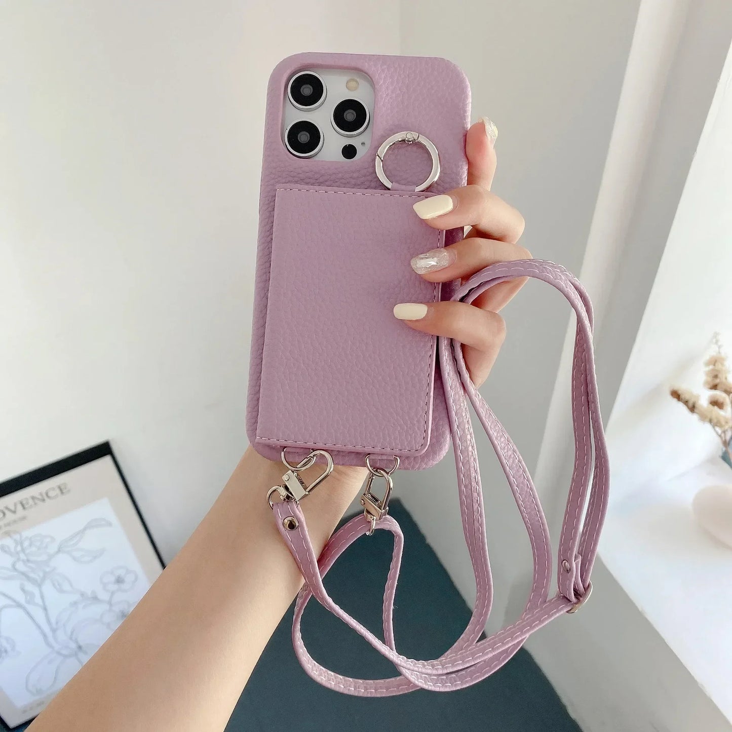 Ring Holder Mirror Card Slot Case For iPhone 13 12 Mini 16E 16 15 14 11 Pro XS Max 8 Plus Crossbody Wallet Lanyard Leather Cover
