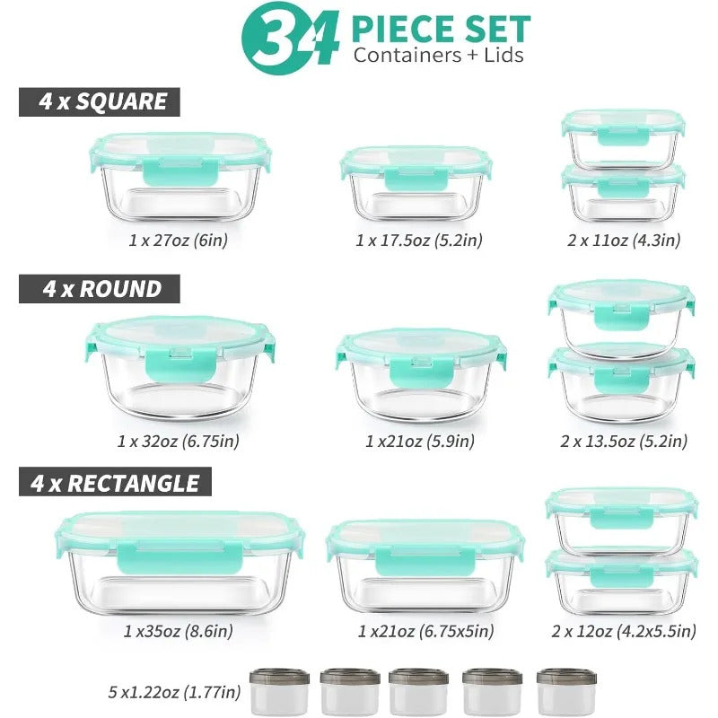 34pcs Glass Food Storage Containers with Lids Set, Airtight Glass Meal Prep Containers (17 Containers & 17 Lids), Leak Proof