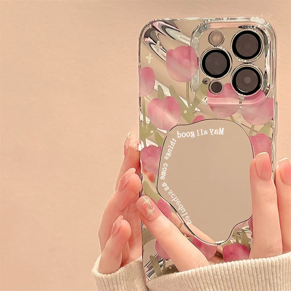 Pink Tulip Flower Phone Case For iPhone 11 Case iPhone 16 13 12 14 15 Pro Max Plating Make Up Mirror Wavy Soft Shockproof Cover
