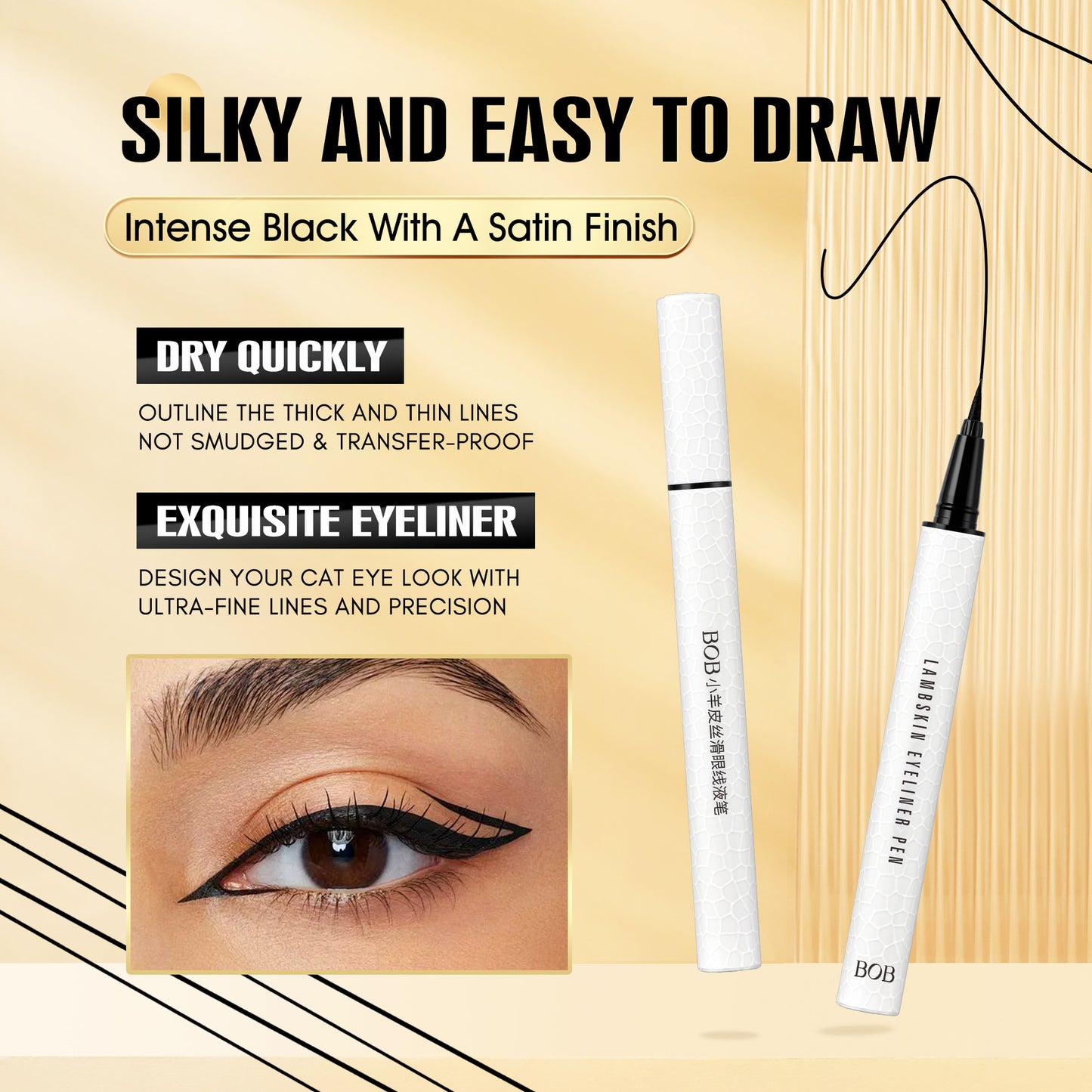 Cross-Border Exclusive BOB Lambskin Silky Eyeliner Pen Waterproof Smudge-Proof Long-Lasting Ultra-Fine Quick-Dry Eyeliner Makeup