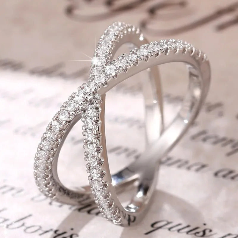 Huitan Fashion Cross Finger Rings for Women 3 Metal Colors Paved Dazzling Cubic Zirconia Simple Stylish Female Rings Hot Jewelry