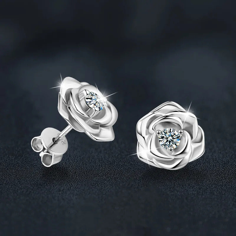 S925 Sterling Silver Moissanite Rose Earrings – Dainty & Elegant