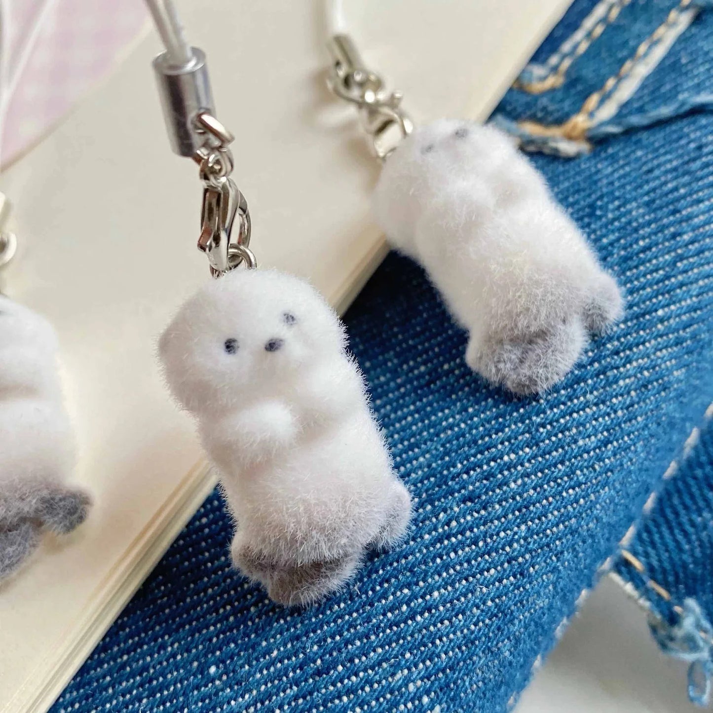 Ins Style Cute Seal Shape 3D Keychain Phone Charms Strap Kawaii Plush Flocking Pendant for Airpods Schoolbag