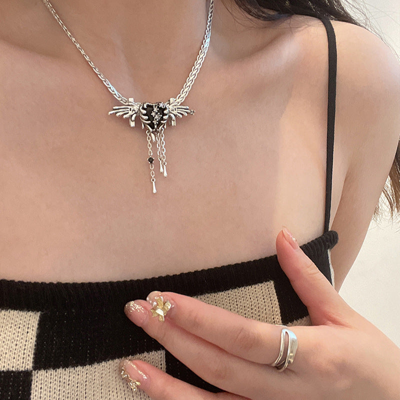 S925 Sterling Silver Dark Angel Black Zircon Wing Texture Tassel Necklace for Women High-end Design Sense Minimalist Style Collarbone Chain