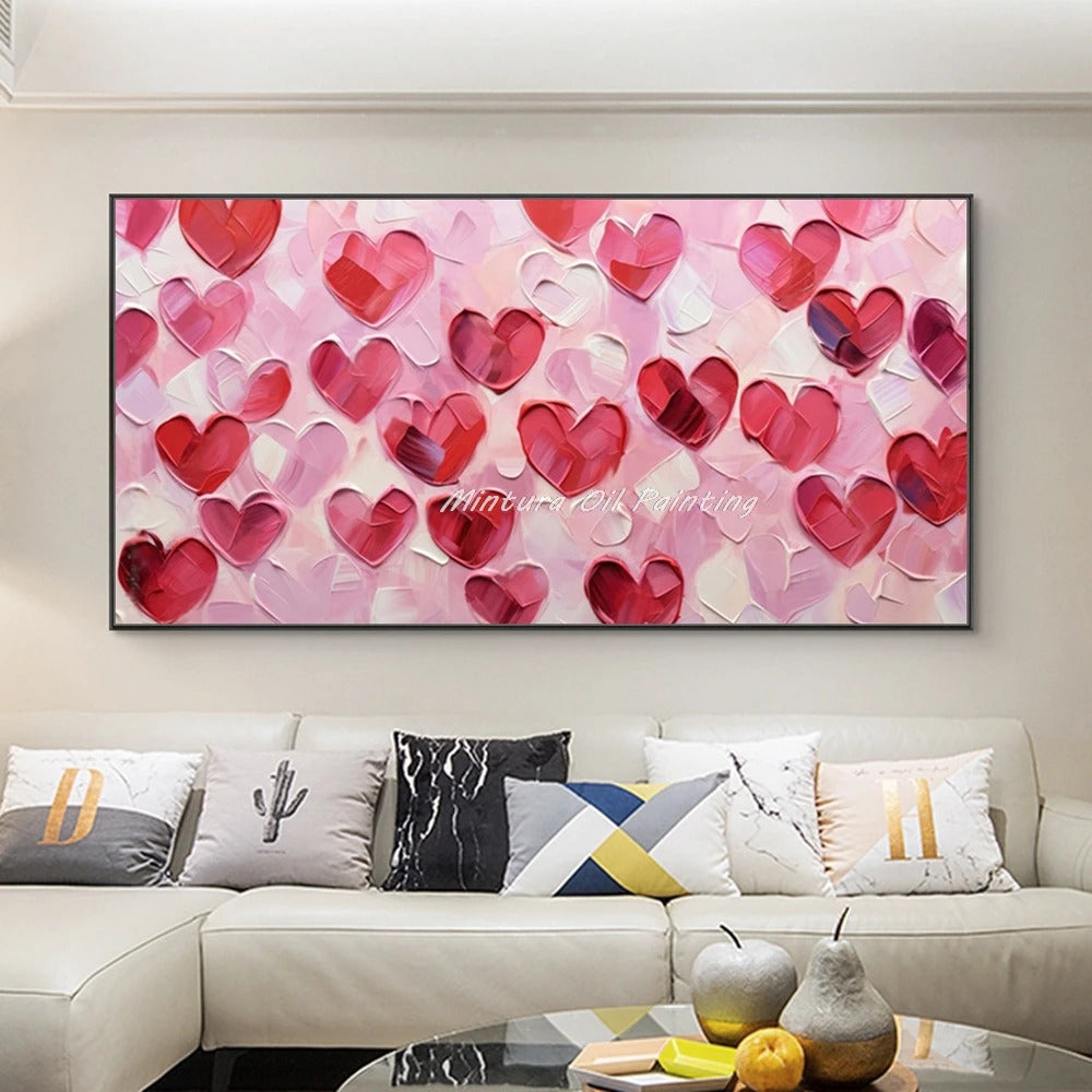 Mintura,100% Handmade Knife Graffiti Pink Red Heart Oil Painting on Canvas,Modern Abstract Wall Art Picture,Room Home Decoration