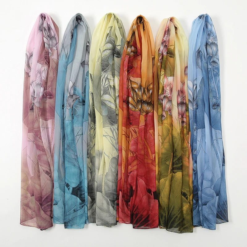 Lotus Print Chiffon Scarf Fashionable Lightweight Neck Scarf For Women Summer Neck Sun Protection Silk Scarf Shawl 150*50cm